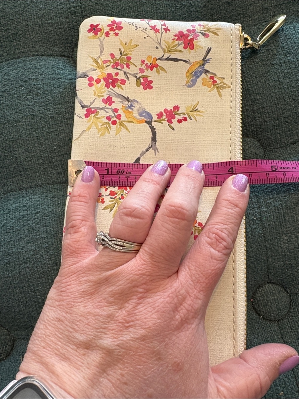 Floral Bird Canvas Zip Pouch - Cream with Pink Accents - Picture 7 of 7